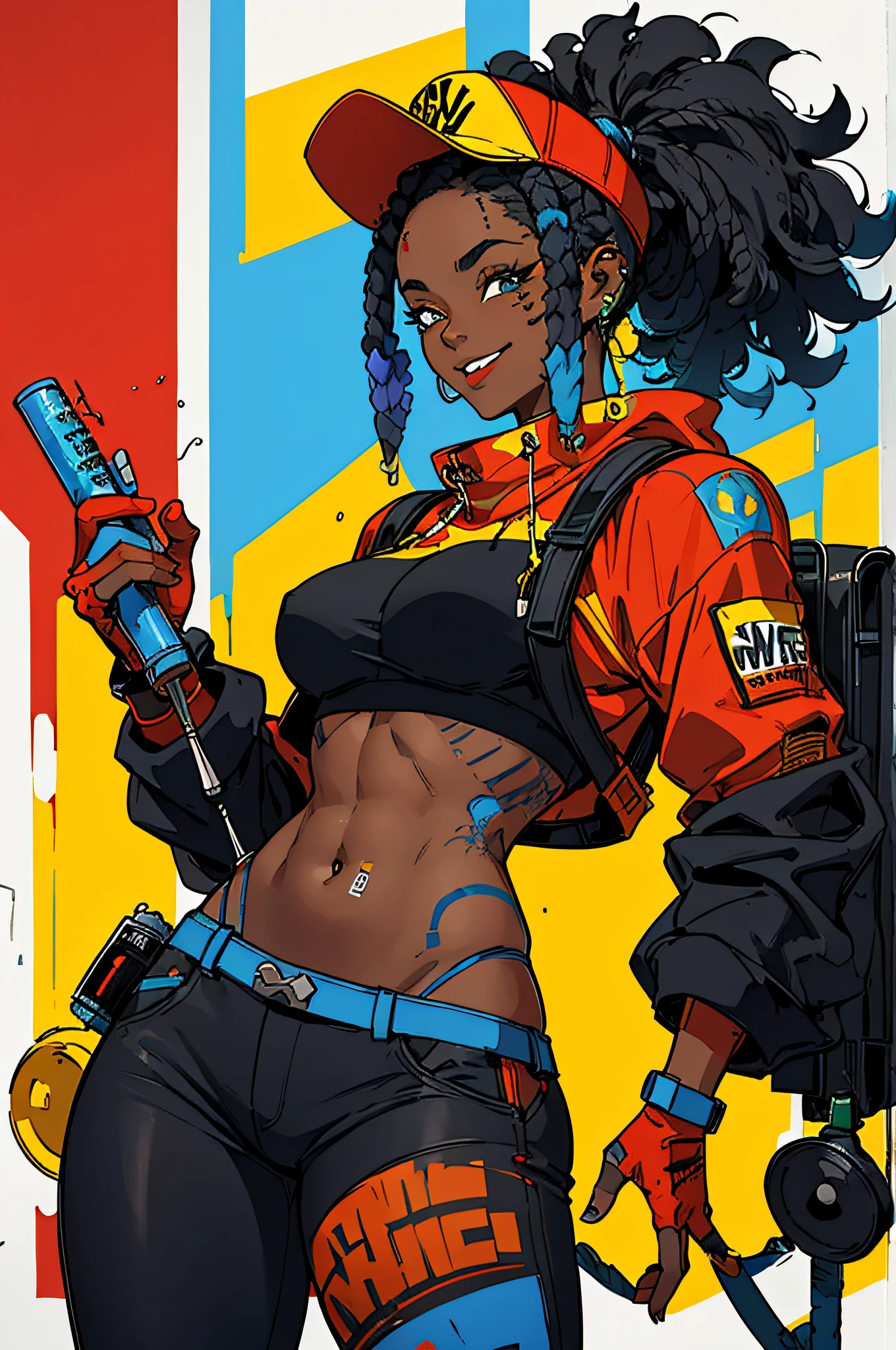 a black girl graffiti artist, headphones on ear, DJ, Music, Black and blue afro, apex legends, cyberpunk character design, ,music (urban, red, yellow, blue clothing), snap back hat,  vigilante, backpack, hip-hop, crop top, headphones on ear, spray paint cans accessories, music, sexy, tight clothing smiling, fit, blue piercings,  (red, yellow, blue clothing) ( Masterpiece) ( Best Quality)