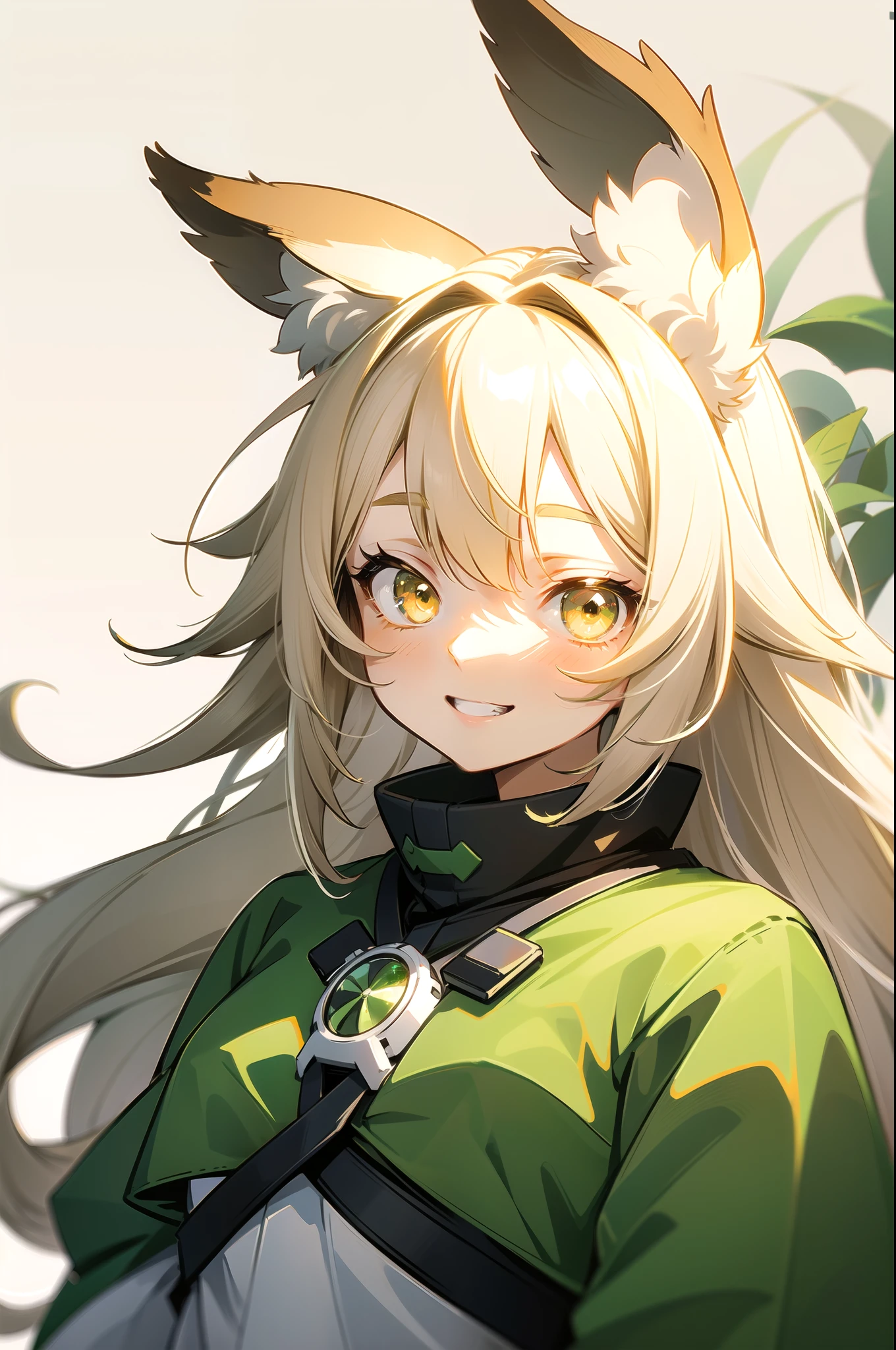 a fluffy anime girl, large animal ears, white hair, blonde hair, [orange|yellow] eyes, animal ear fluff, sprout seedling on head, leaf, smile, happy, upper_teeth, laughter, gradient eyes, original character portrait, game icon, simple background, (light green background), pastel colors, poncho