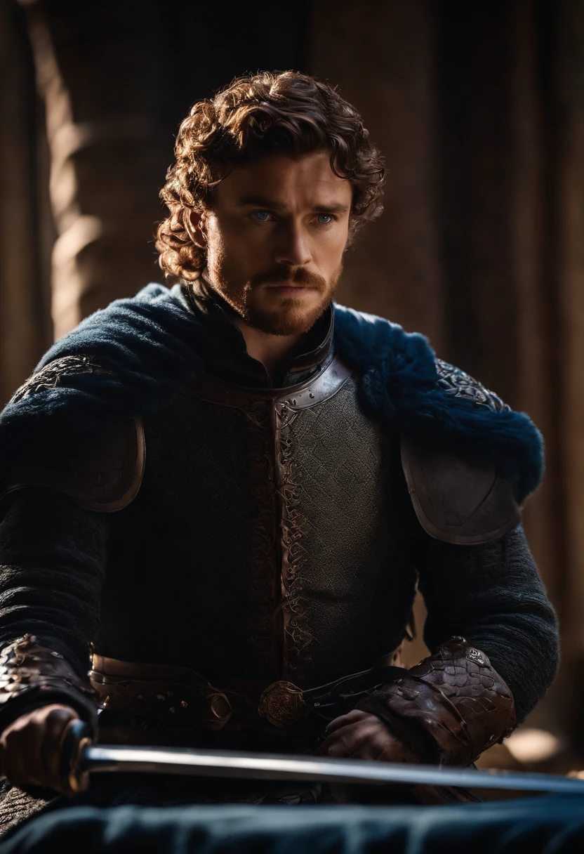 A photo of Robb preparing for a solo sword practice in the early morning light.,Game of Thrones TV series,Robb Stark has curly auburn hair, blue eyes, and a neat beard. Famously portrayed by Richard Madden