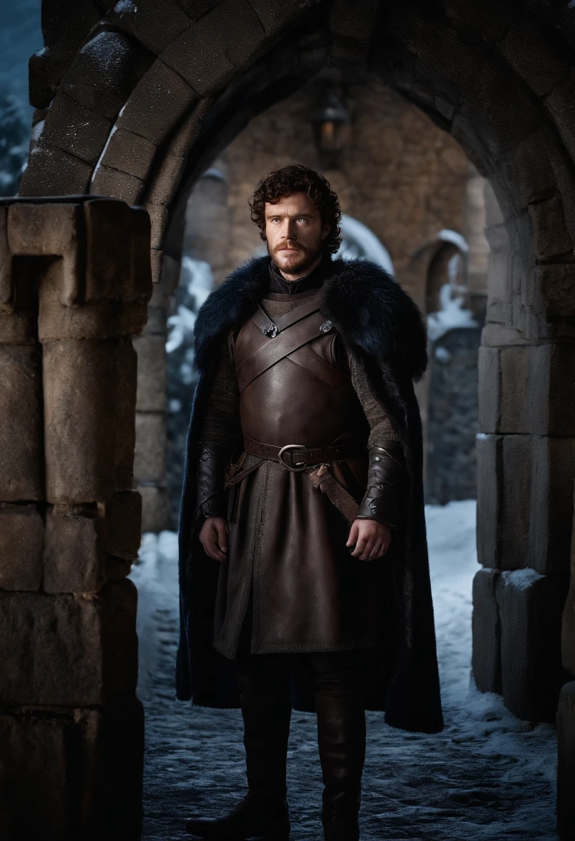 A photo of Robb standing at the gates of Winterfell, overseeing the arrival of supplies and provisions for the upcoming winter.,Game of Thrones TV series,Robb Stark has curly auburn hair, blue eyes, and a neat beard. Famously portrayed by Richard Madden