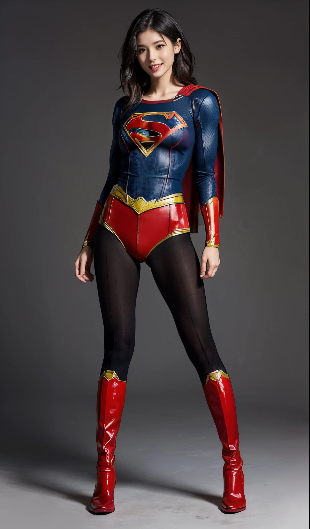 Suffering、mouth is always open sloppily、Drool is always dripping from my mouth、Asian Beautiful Girl、(((Wear black tights on your beautiful legs.)))、(((beauty legs)))、(((facial expression of smile)))、((((Make the most of the original image)))、(((Supergirl Costume)))、(((a short bob、beautiful hairl)))、(((Suffering)))、(((Feet must necessarily be worn with black tights)))、(((You need to wear red boots)))、((Top image quality、8K))、((top-quality、8K、masterpiece:1.3))、(((Keep your background simple)))、Crisp focus:1.2、Beautiful woman with perfect body shape:1.4、Slender Abs:1.2、a wet body:1.5、Highly detailed facial and skin texture、8K、beauty legs