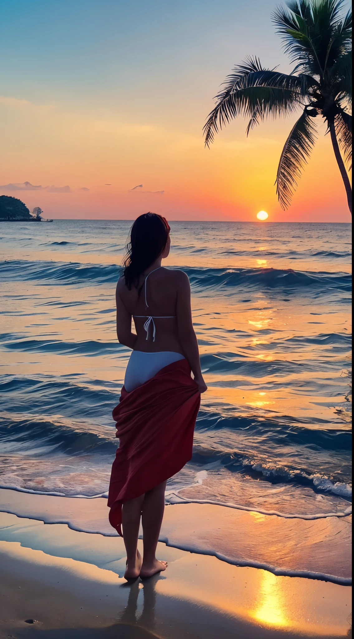 Best Quality, hight resolution, masutepiece:1.2), Ultra-detailed, Realistic,1人の女性,The sky is a gradation of blue and red.Bright red sunset, Amazing view of the sunset over the ocean,View of the sunset reflected on the sea surface, Enchanting sunsets, Golden Horizon, colorful sunset, ((The sea is very calm with no waves,White sandy beach, ((Swaying palm trees.)))), ((tome'A calm sea)), No waves.(Rear view of a woman with a white surfboard),(Rear view of a woman wearing a white bikini looking at the sunset),The sea is very calm.