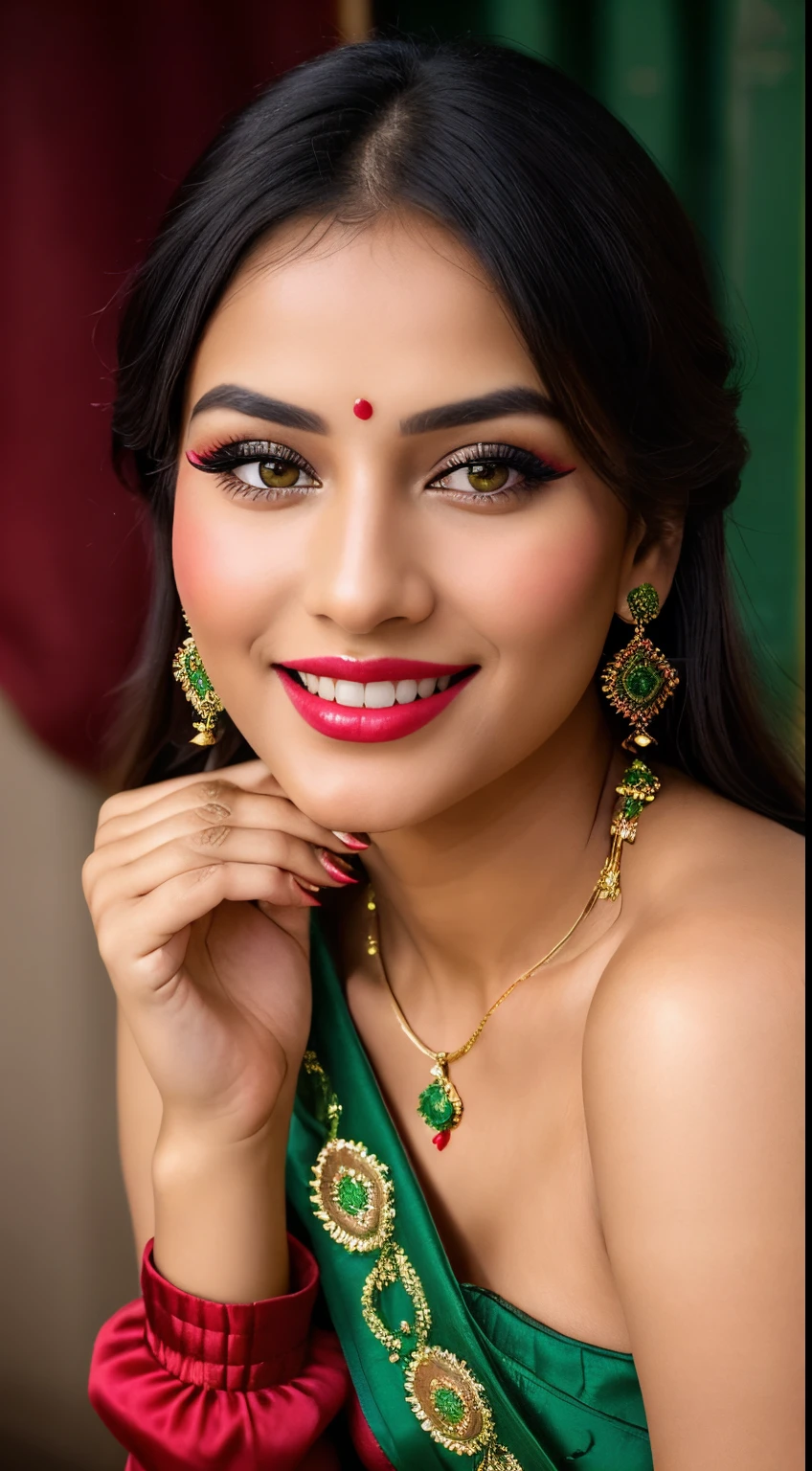 a close up of a woman in a red and green outfit, traditional beauty, traditional makeup, dramatic smile pose intricate, with professional makeup, face, candid picture, indian, traditional, with a beautifull smile, photo taken with nikon d 7 5 0, photo taken with nikon d750, candid photograph, joyful look,