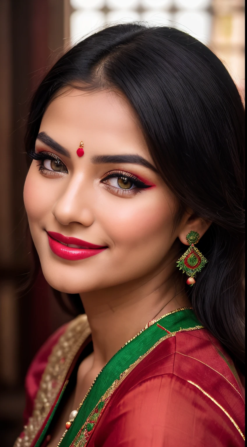 a close up of a woman in a red and green outfit, traditional beauty, traditional makeup, dramatic smile pose intricate, with professional makeup, face, candid picture, indian, traditional, with a beautifull smile, photo taken with nikon d 7 5 0, photo taken with nikon d750, candid photograph, joyful look,