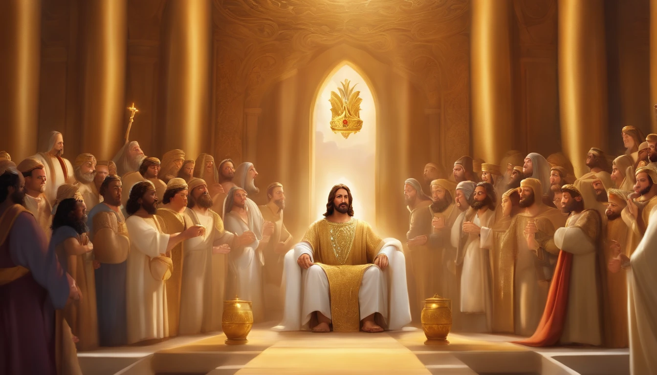 a pixa Disney cartoon  of biblical times "Generate a realistic depiction of Jesus as a leader in Heaven; sitting on a golden king throne; leading many people dress in white.