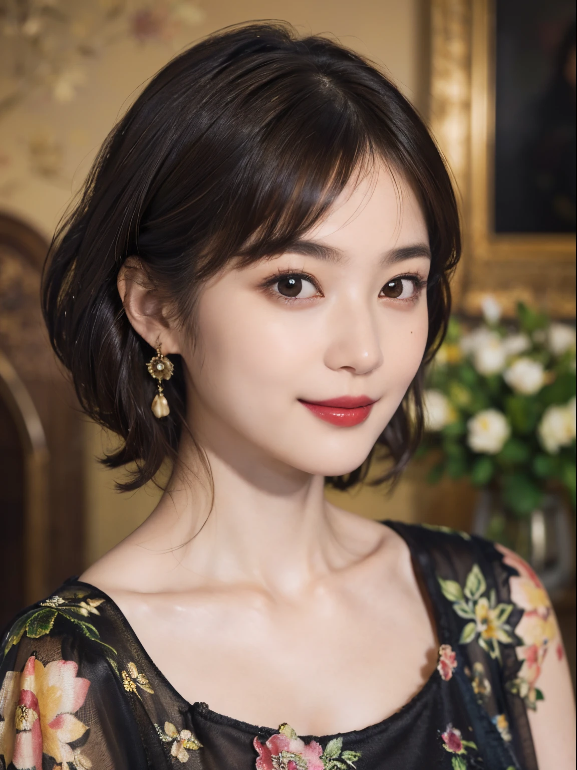 117
(a 20 yo woman,is standing), (A hyper-realistic), (high-level image quality), ((beautiful hairstyle 46)), ((short-hair)), (Gentle smile), (breasted:1.1), (lipsticks), (florals), (Light and Darkness), (rembrandt painting), (Luxurious room)
