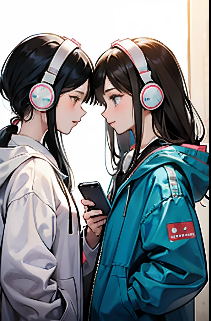 ２Girls lined up listening to music on their smartphones with headphones,Very cute,They both have headphones on.,Cute looking at each other２a person,