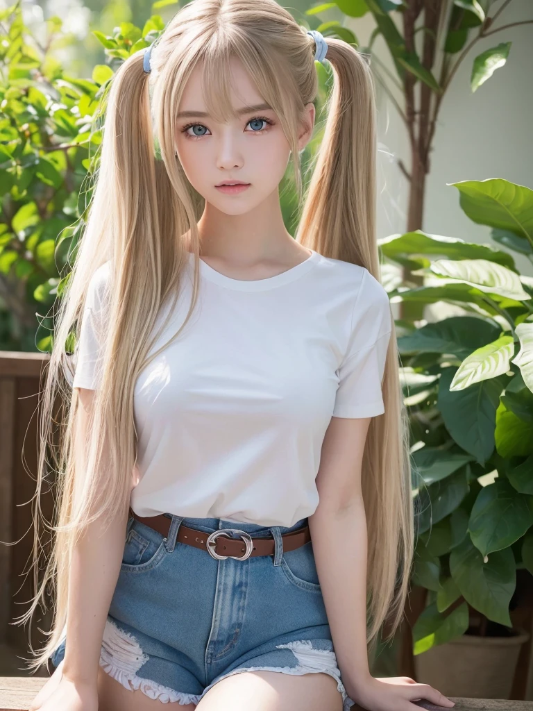 (masterpiece、best quality、extremely detailed 8k、ultra hd、ultra-detailed、highly detailed、highly realistic、photo realistic)、(beautiful realistic face、detailed realistic face)、Extraordinary sexy beauty、Beautiful gentle and bright look、Sexy refreshing look、Perfect beautiful cute face、long bangs between the eyes,、Super long bright blonde straight hair、twintails、red bows in hair、beautiful countenance、Very cute beautiful sexy young little woman、Very perfect beautiful cute face、Glowing big bright light blue eyes、18yo student、blonde、、Beautiful white shiny skin、White tshirt、bare_shoulders、 blue jeans shorts、belt red、thighhighs、