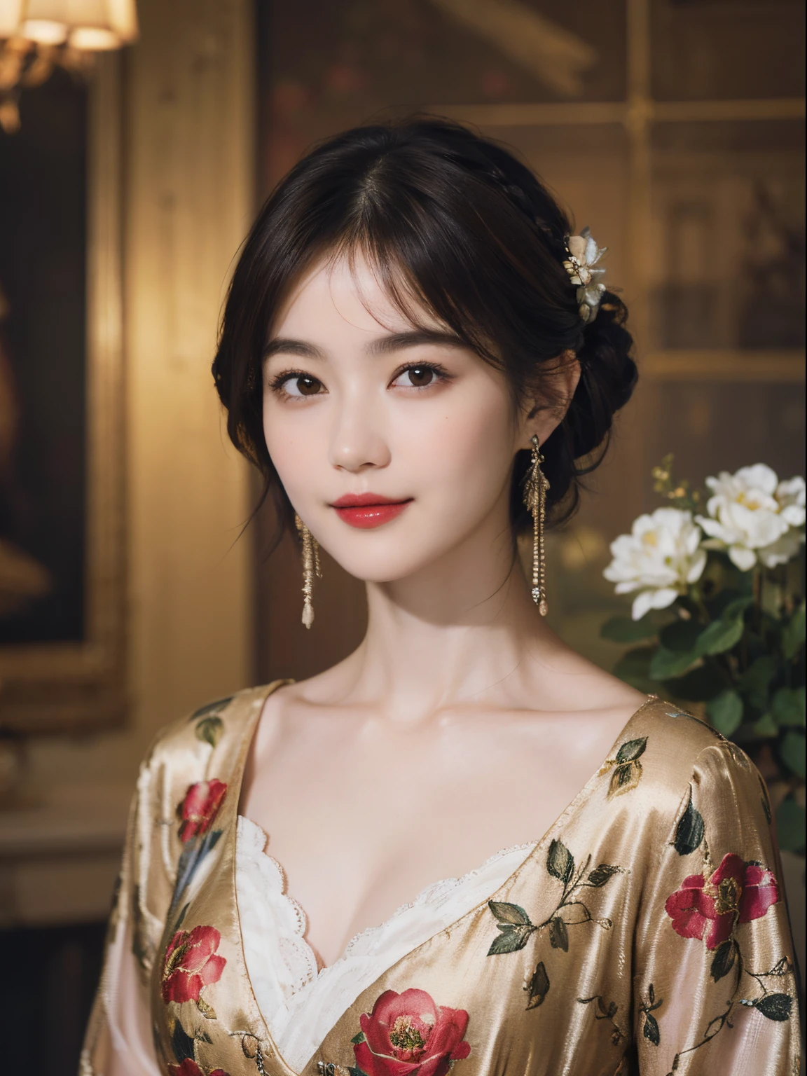 117
(a 20 yo woman,is standing), (A hyper-realistic), (high-level image quality), ((beautiful hairstyle 46)), ((short-hair)), (Gentle smile), (breasted:1.1), (lipsticks), (florals), (Light and Darkness), (rembrandt painting), (Luxurious room)