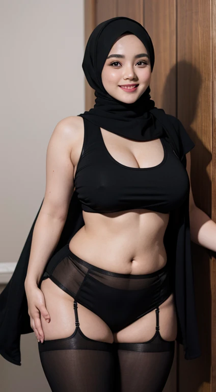 beautiful chubby woman wearing a hijab, wearing a black tank top, wearing cut-out black tights, big breasts, smiling sweetly, body details, face details, pose details, hand details, realistic quality, clear images, good quality, image details, very real results