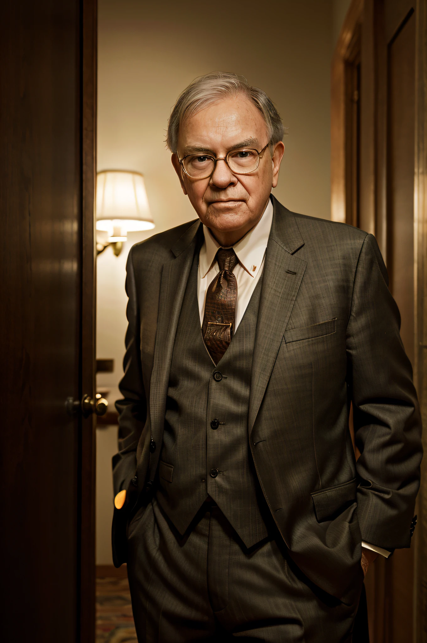 Warren Buffet, wearing a suit, beautiful lighting, best quality, realistic, full-length portrait, realistic image, intricate details, depth of field. highly detailed
