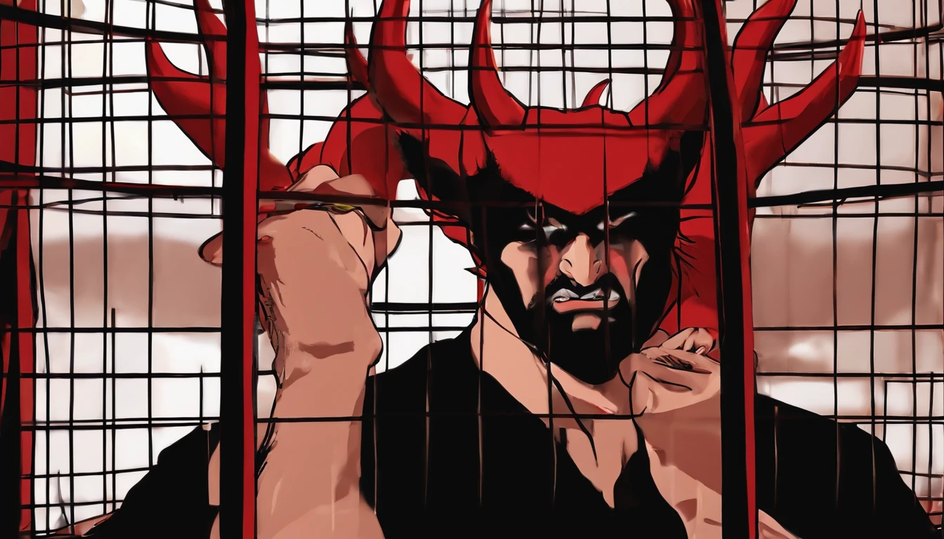 angry sexy looking devil with hones been locked in a cage