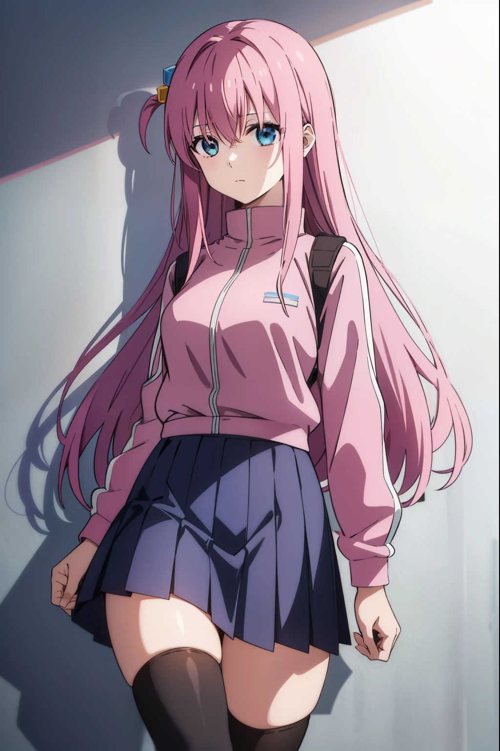 1 girl, alone, Hitori Gotou, hair ornament, cube-shaped hair ornament, blue eyes, long pink hair, pink sports jacket with white stripes on the sides, black thigh-high skirt, black thigh-high stockings calves, brown loafers, bangs, hair in the middle of the eyes, large breasts, medium waist, medium hips, medium thighs, medium thighs