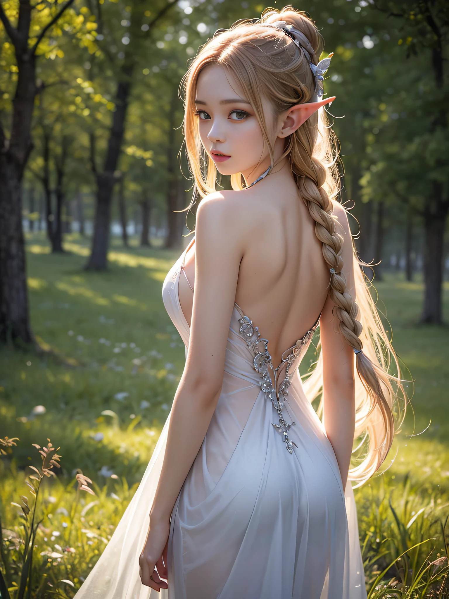 Graceful elven girl standing in meadow, Delicate face illuminated by the soft light of the setting sun. Her long, Flowing hair runs down your back, Decorated with intricate braids、Adorned with sparkling gemstones. This stunning picture is、、It captures the ethereal beauty of elves. Slender figure in a silk dress、Swaying in the soft steppe breeze. Attention to detail、Face that is、It is evident in the intricate patterns of the dress and the subtle highlights of the luminescence. skin. The breathtaking portrayal of the elven girl is、、Create an enchanting atmosphere、It invites the viewer to a magical world.