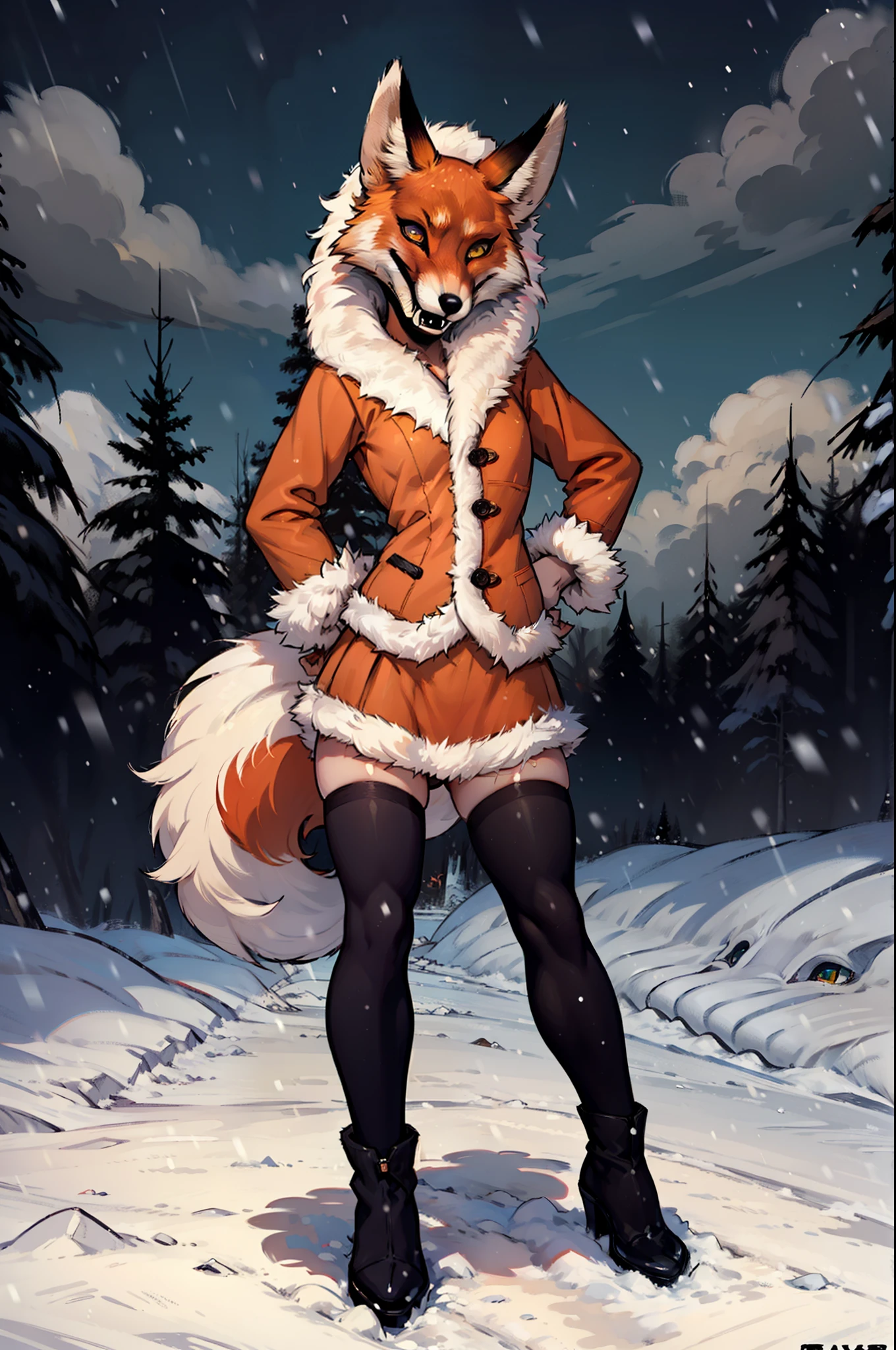 Alice, 独奏, 1girl, animal ears, Color: Red, Orange, female focus, 1 fox tail, Red tail of the best quality, exteriors, hood, a tree, Detailed background, orange jacket, fur-trim, Furry, fur-trimmed sleeves, Orange fur coat with fur trim, Fox ears of the best quality, a 1girl, 独奏, Focus Photo, Smile, blusher, looking a viewer, the night, Deep Night, winter, It's snowing, detailed yellow eyes, Detailed beautiful yellow eyes, detailized face, Heightened sexuality, big breastes, skinny waist, A full body girl, Girl in a skirt, Girl in black stockings, beste-Qualit,in detail,high-resolution illustration, Cute, canny smile, blusher, voluminous breasts, Vulgar girl, Figure 18+, NSFW, fluffy fur, Ultra Detailed, 8K, naked body, naked ass, Female genitals, fur, Very fluffy