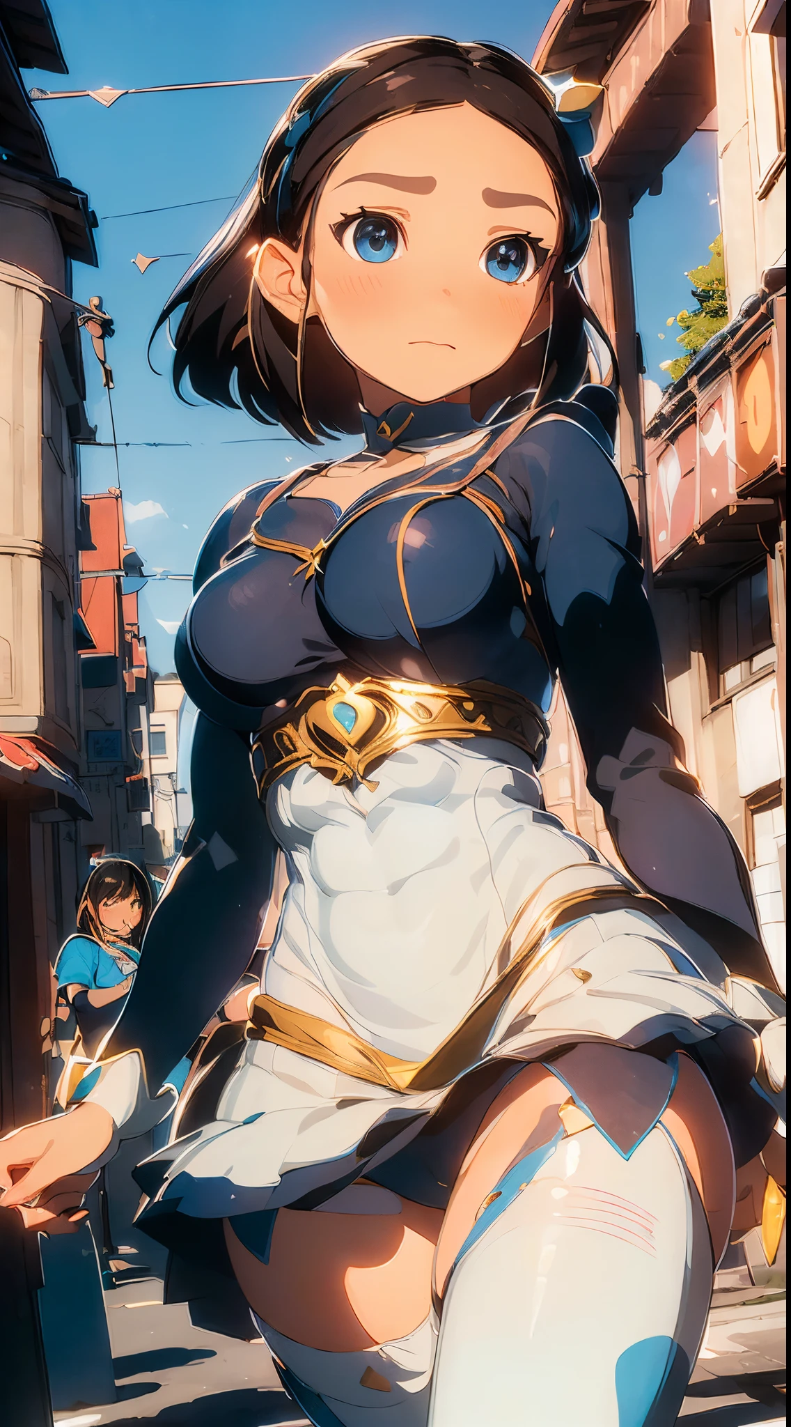 1womanl,Black hair,ar old Impatient expression)),Beautiful breasts,(((Sexy magical girl white and blue high-leg bodysuit)))(())(((Blushing cheeks、Surprised look)),((())),((( portlate))),Blue eyes,(((Bangs are aligned)))()Street,Crowds(magical girl hair ornament)