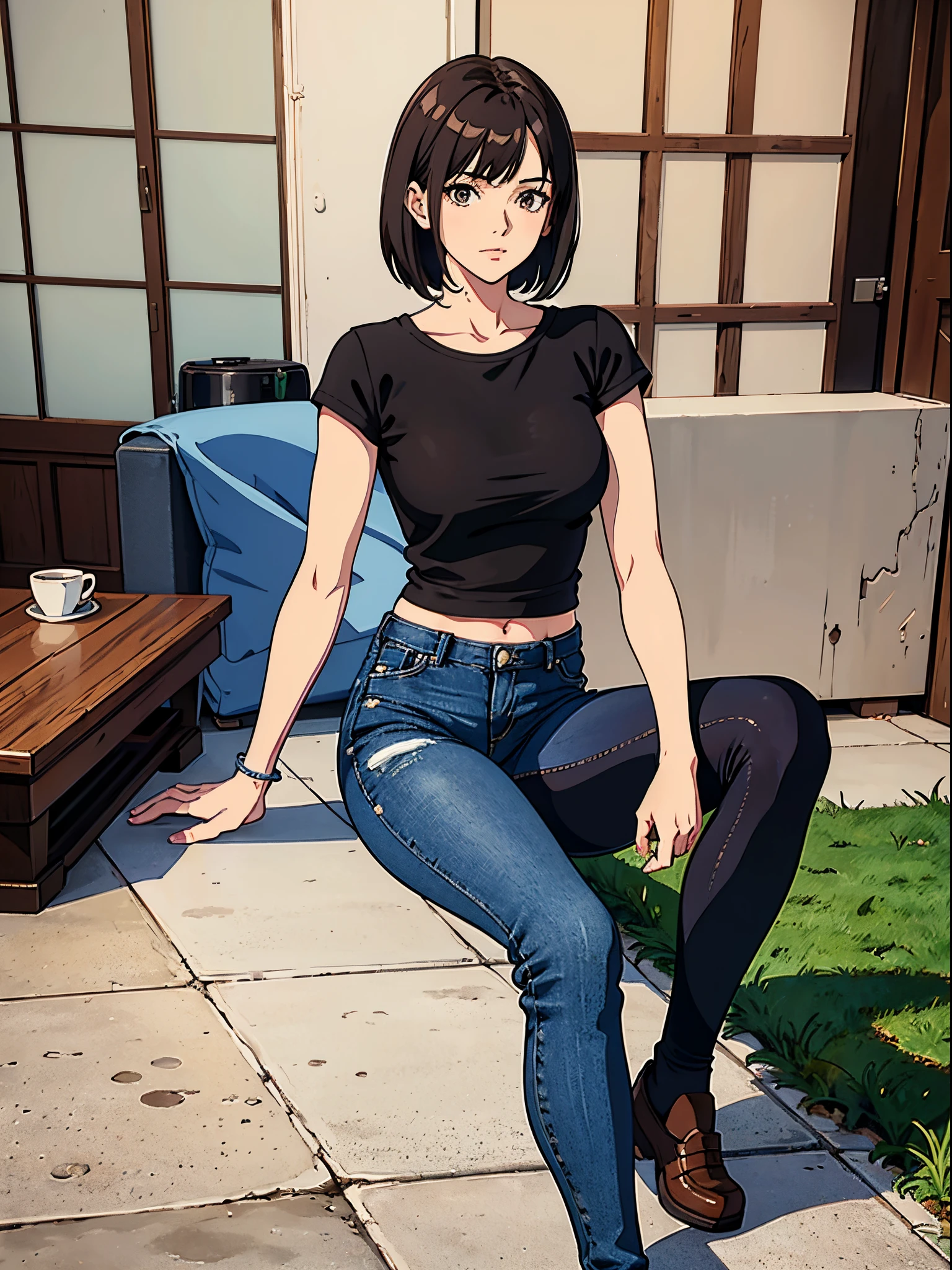 A woman wearing denim hot pants and brown short sleeves，He wears black stockings on his legs，Exposing the abdomen，The figure is good，The head is not exposed，[ 4K realism ]!!, [ 4K realism ]!!!, [ 4K digital art ]!!, Realistic shadow perfect body, realisticlying!!!!!!! art-style, photorealistic anime, by Shitao, Popular topics on cgstation, Casual pose, realistic anime 3D style