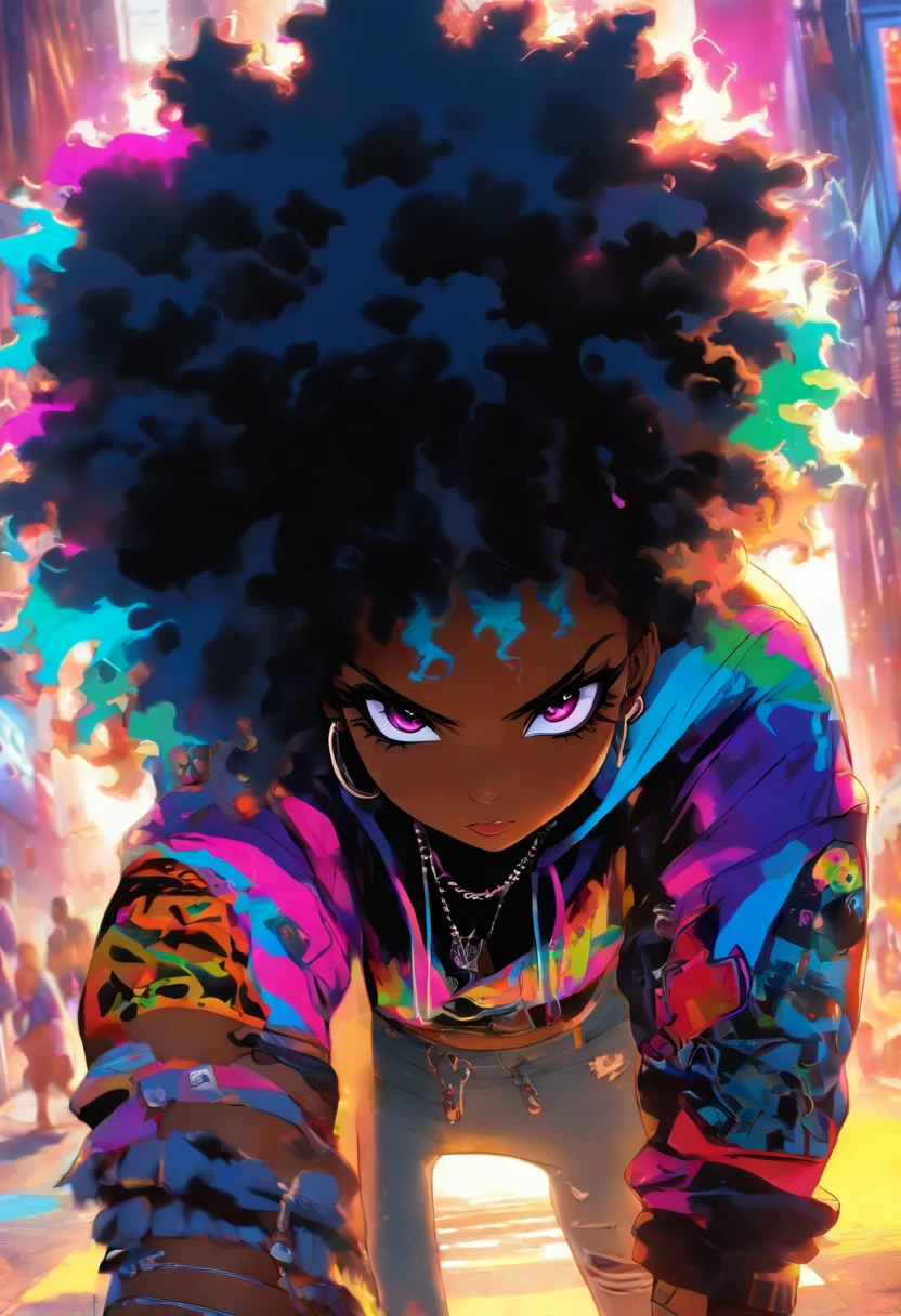 The most beautiful and sexy punk rock girl, black Afro, cabello color arco iris, ojos amarillos, dark skin, usar una sudadera con capucha, Graphic design jacket and torn skinny jeans, toneladas de tatuajes y piercings, Obra maestra perfecta, alta calidad, High resolution, big tits