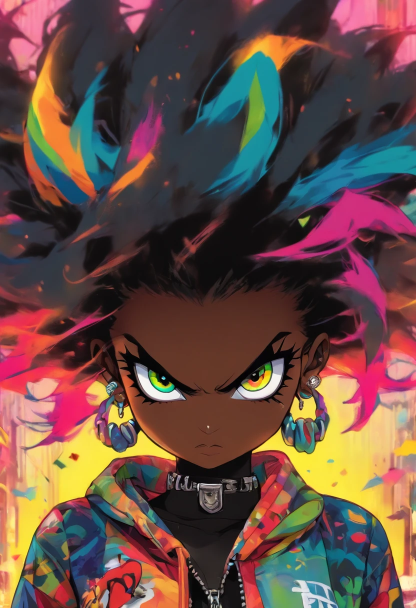 The most beautiful and sexy punk rock girl, black Afro, cabello color arco iris, ojos amarillos, dark skin, usar una sudadera con capucha, Graphic design jacket and torn skinny jeans, toneladas de tatuajes y piercings, Obra maestra perfecta, alta calidad, High resolution, big tits
