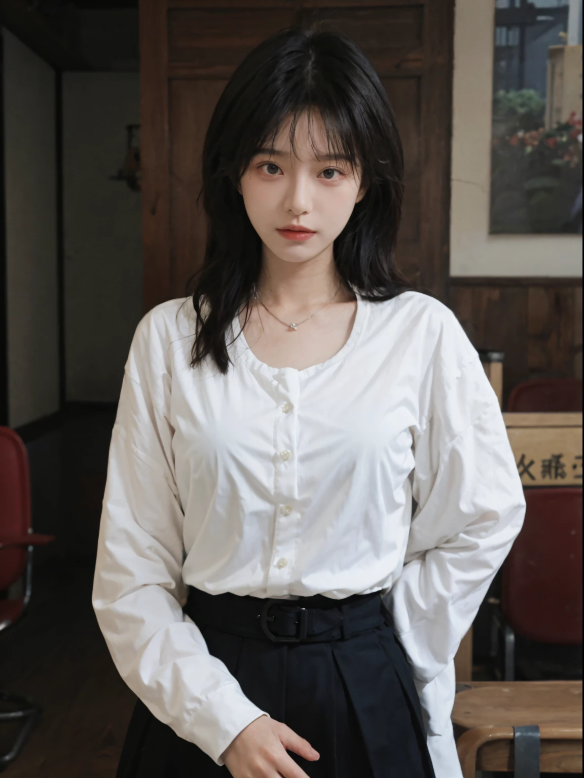 Best quality at best， 超高分辨率， （realistically：1.4），a tall and beautiful woman，Slim abs，dark brown  hair，Loose wavy shape，mediuml breasts，Wearing a pendant，White button-down shirt，obi strip，a black skirt，（Modern architectural background），The details of the face and skin texture are beautifully rendered，A detailed eye，二重まぶた