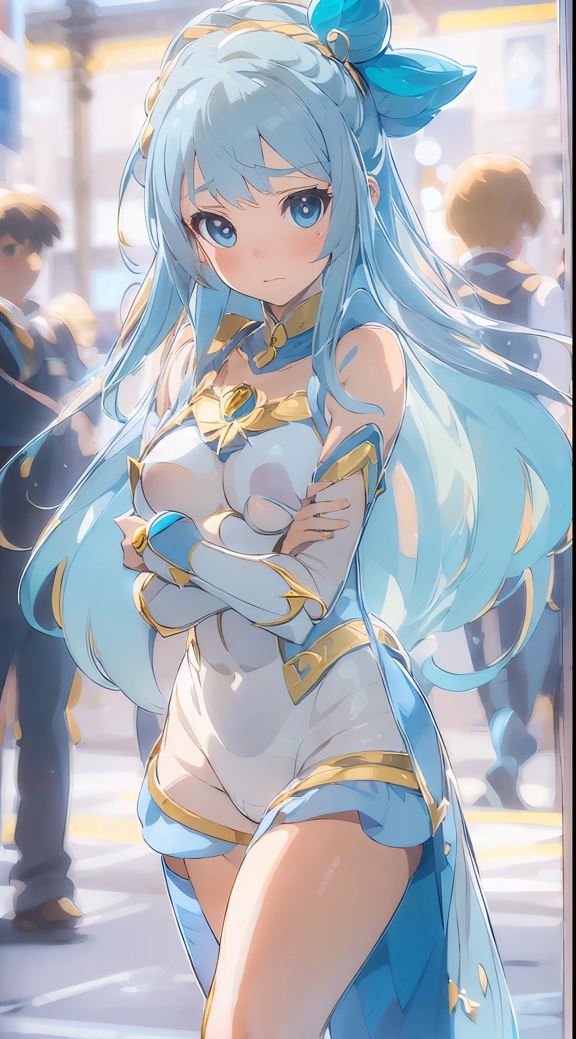 1womanl,Golden hair,12year old ,((Impatient expression)),Beautiful breasts,(((Sexy magical girl white and blue high-leg bodysuit)))(())(((Blushing cheeks、Surprised look)),((())),((( portlate))),Blue eyes,(((Bangs are aligned)))()Street,Crowds(magical girl hair ornament)