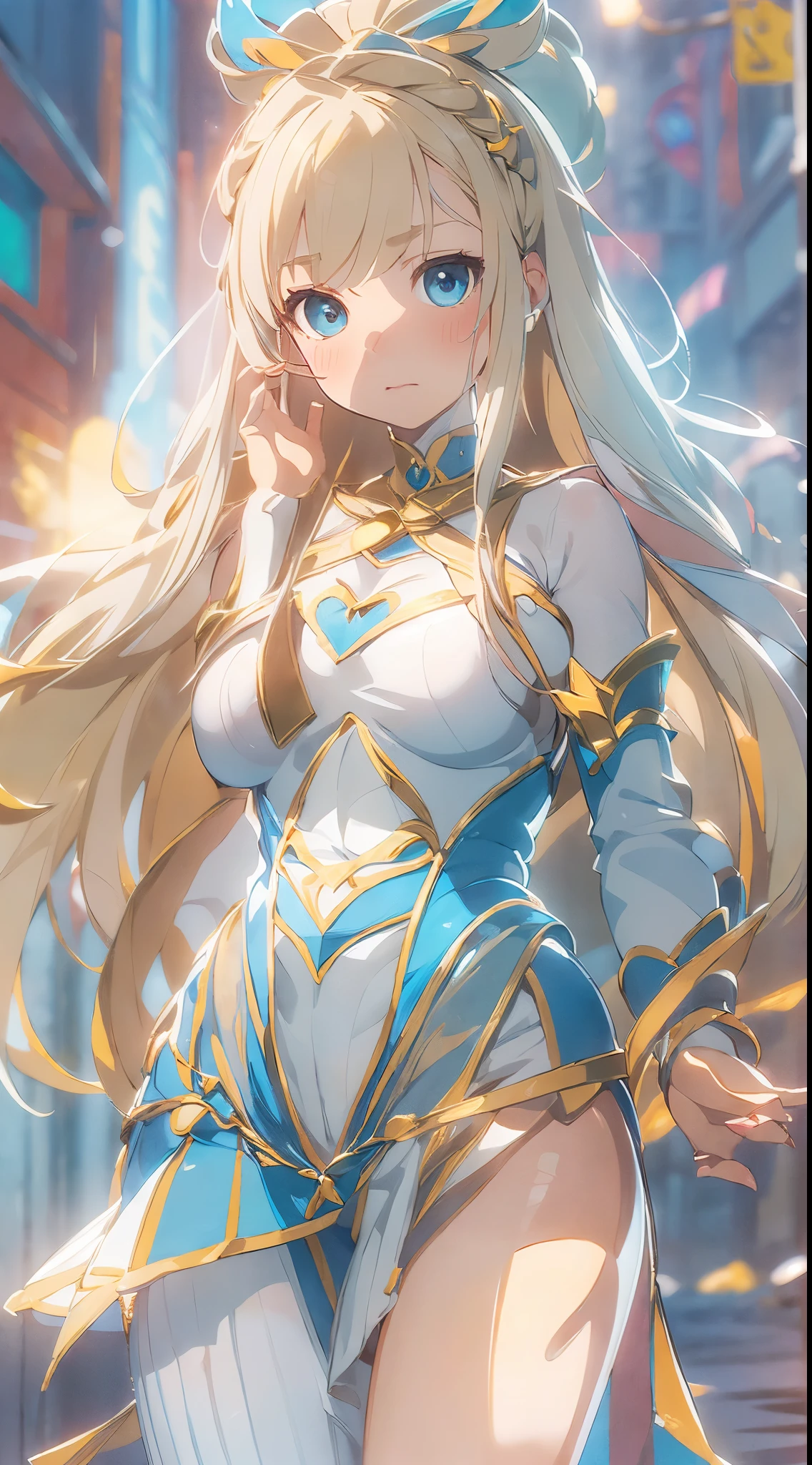 1womanl,Golden hair,ar old Impatient expression)),Beautiful breasts,(((Sexy magical girl white and blue high-leg bodysuit)))(())(((Blushing cheeks、Surprised look)),((())),((( portlate))),Blue eyes,(((Bangs are aligned)))()Street,Crowds(magical girl hair ornament)