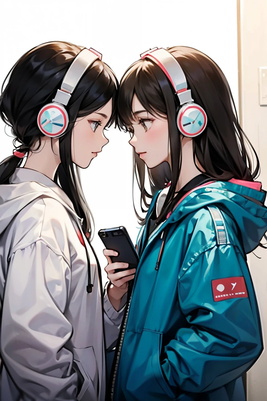 2Girls wearing headphones and listening to music on smartphones,Very cute,They both have headphones on..,It's cute to stare at each other2a person,