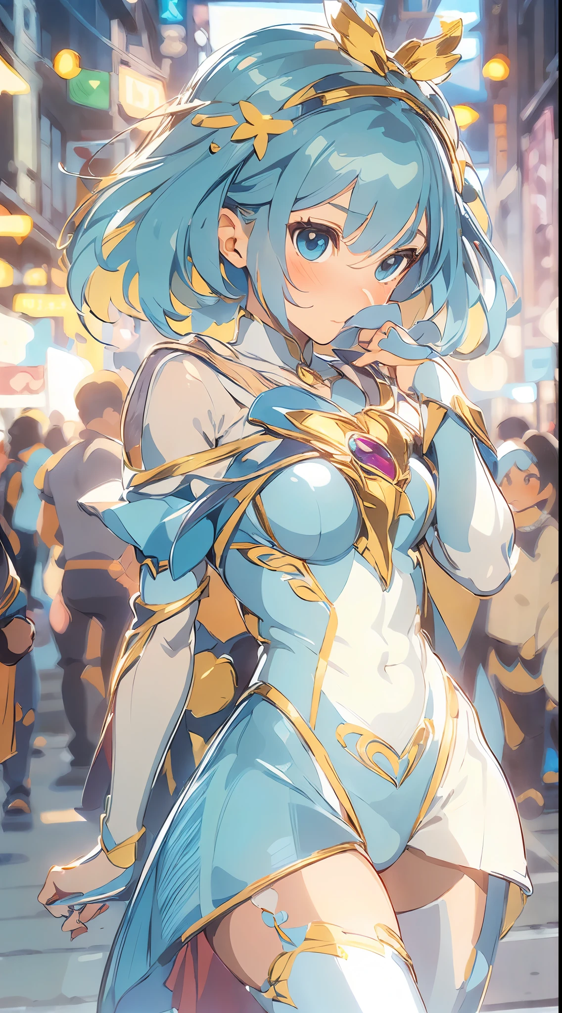 1womanl,Golden hair,12year old ,((Impatient expression)),Beautiful breasts,(((Sexy magical girl white and blue high-leg bodysuit)))(())(((Blushing cheeks、Surprised look)),((())),((( portlate))),Blue eyes,(((Bangs are aligned)))()Street,Crowds(magical girl hair ornament)