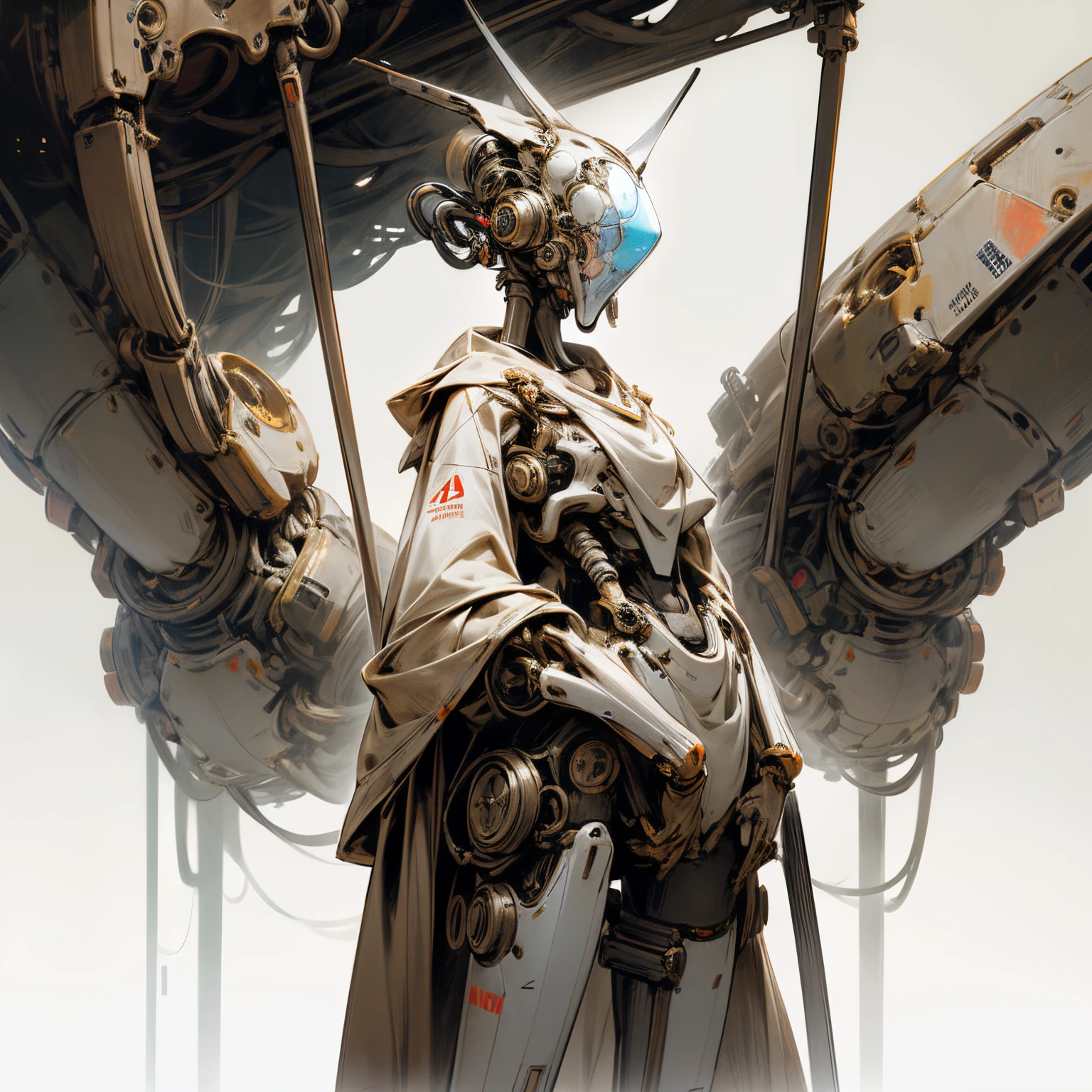 Robot with 4 spindly legs, in a barren desert, two small arms protruding from the naval holding a med kit, slim dainty arms at its side, medical robot, wide non-human head, wide face plate, wide mechanical mask, small frame, gentle, precise, careful, surgical, (4 legs), elegant frame, dirty, dusty, rusty,
