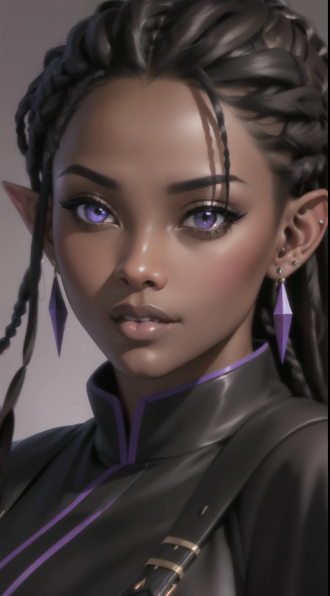 (Concept Art) of an (African-American) female, with dark (black dreadlocks), purple eyes, dark (brown skin), (pointed ears), (slutty assassin), sexy black robe, (lust) demon, (close-up shot), perfect composition, hyper-detailed, 8K, high quality, (perfect eyes), trending art, sharp focus, studio photo, intricate details, (Pin-up) pose