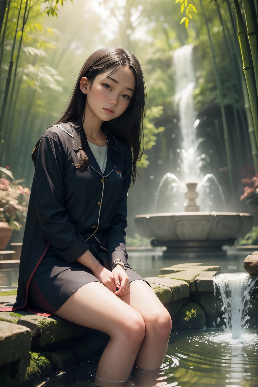bamboo forrest，female student，The fountain