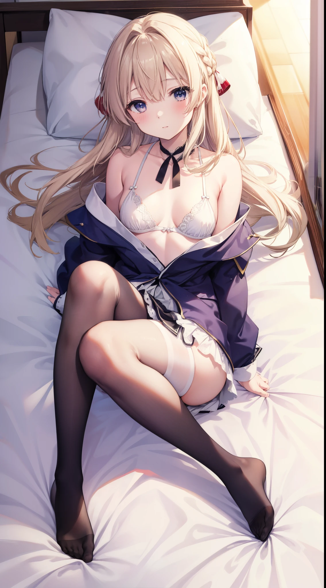 violet evergarden、Japanese 18 year old girl with slim body、独奏、Full body portrait from head to toe、Portrait composition from above、small tits、long hair of light colors、red blush、Embarrassed look、White bra、white panties、Black pantyhose、Black tights、black pantyhose、Black Knee High Socks、white panties、No shoes on、lying straight on the bed、erect pose、White panties are visible、bedroom、inside in room、during daytime