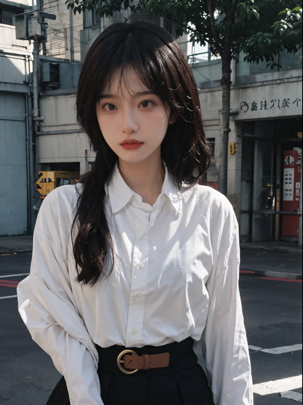 (8k, RAW photo, best quality, masterpiece:1.2), yjnn, 1girl, 3d, black hair, building, city, coat, looking at viewer, realistic, shirt, solo,(realistic, photo realistic:1),