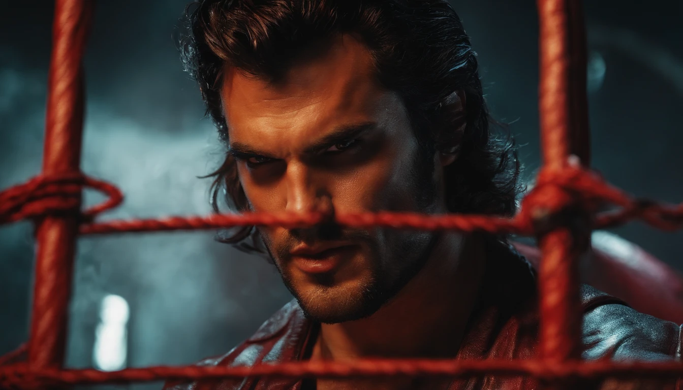 a handsome angry sexy looking devil with hones been locked in a cage