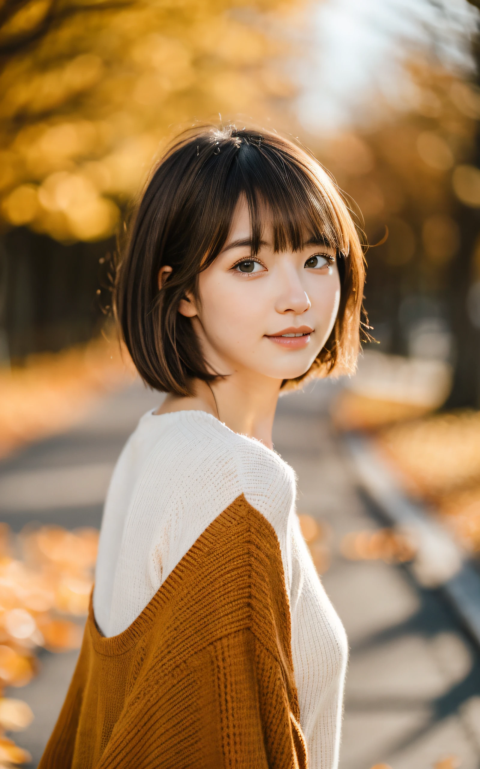 masterpiece, Best Quality, 8K, 1 girl, in autumn, A tree-lined road lined with autumn leaves, out of focus, 18 yo, medium breasts, Mouth slightly open, cute little, Solo, sad, Clothes that look good in autumn, Cute, Girly, Delicate girl, Neat and clean beauty, Raw photo, Professional Photography, Portrait, Soft light, Professional Lighting, Back lighting, Upper body, see the beholder, Sophisticated, Film grain, (Eyes and faces with detailed:1.0), Short hair swaying in the wind, beautiful flowing brown hair, Bangs