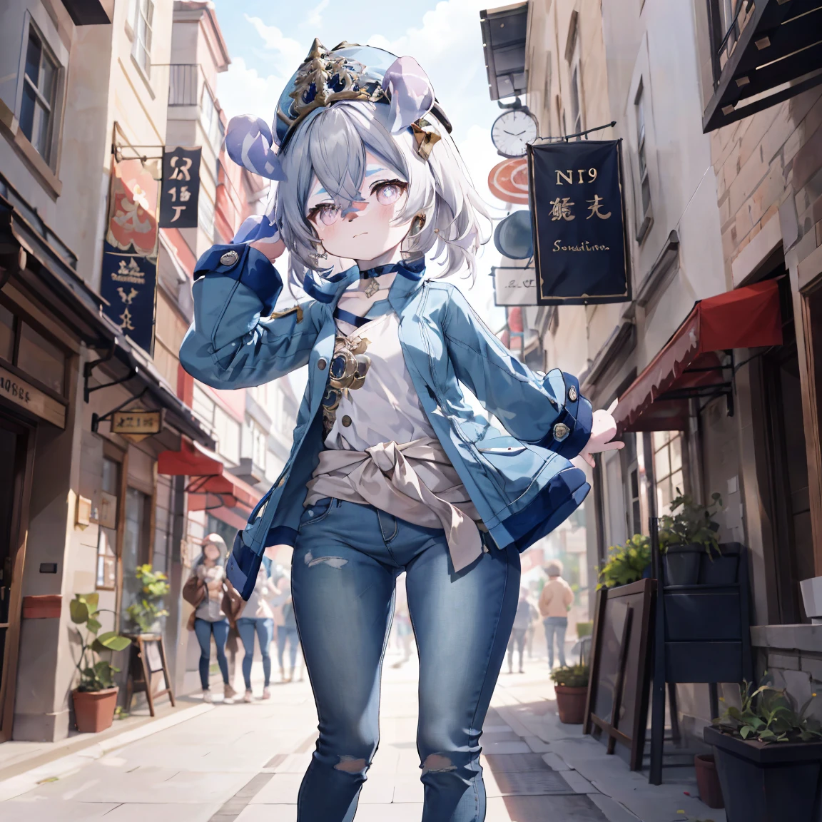 Melousine|genshin impact, masterpiece, bestquality,3 girl,young girl, Long Jeans,  Wear glasses, purple hair color, long hair in a ponytail,,,,,,,,,,,,,,,,,,,,,,,,,unstable _Front,oily shiny skin,flat chest,nice leg line:1.3,thick thighs, thin-waist,, red_streaks_light_wrap_dress, white_platform_sneakers, woven_El_bag, straw_headgear, gold_hoop_earrings, jacket, In a 19th century French town, long jeans city scenery,looking at the audience,From Top:1.2,dynamic angle