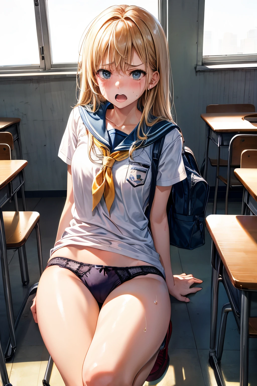lighting like a movie、top-quality、High school girl showing her panties in the school classroom、Raise one leg、Frustrated face、full of sweat、