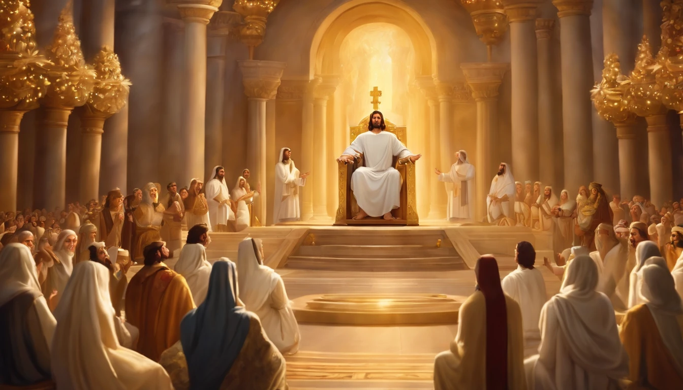 a pixa Disney cartoon  of biblical times "Generate a realistic depiction of Jesus as a leader in Heaven; sitting on a golden king throne; leading many people dress in white.
