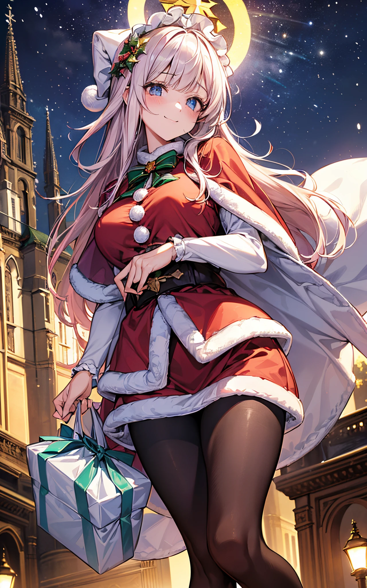 top-quality、 hight resolution、 super precision、 ​masterpiece、 ８K、 (1人の女性)、 (((extra detailed face)))、 8 head body、tall、
(((Church in the Middle of the Night)))、Majestic atmosphere、(((Christmas)))、 mysterious encounter、(Snow is flying)、 kirakira、Dazzling light、 （blue santa claus）、  (((frilly santa suit)))、　Wearing a cloak、 ((tights))、 (((frilld)))、 ((fringe))、  ((hair adornments))、 neon light、　White gift bag、 
a smile、plump eyes、 Eyes sparkle、 (((big light in my eyes)))、 Wet eyes、
Colorful、 Fine skin、 thighs thighs thighs thighs、  ((Hair Arrangement))、 Beautie、 Embarrassing、  Refers to 5、