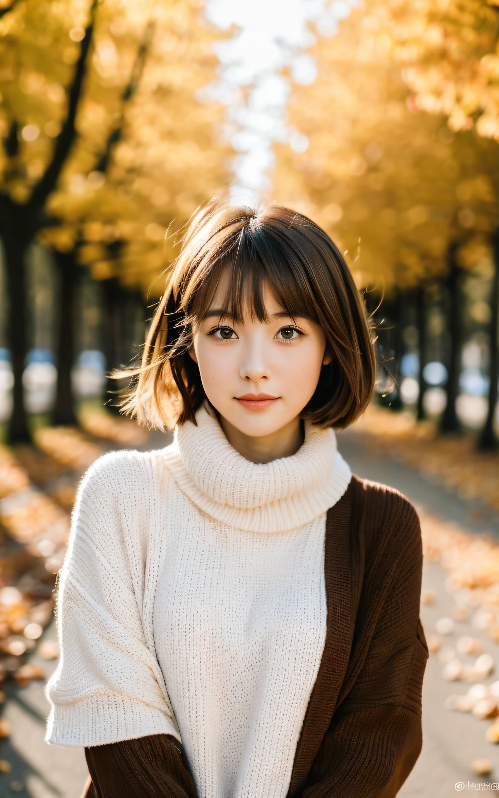 masterpiece, Best Quality, 8K, 1 girl, in autumn, A tree-lined road lined with autumn leaves, out of focus, 18 yo, medium breasts, Mouth slightly open, cute little, Solo, sad, Clothes that look good in autumn, Cute, Girly, Delicate girl, Neat and clean beauty, Raw photo, Professional Photography, Portrait, Soft light, Professional Lighting, Back lighting, Upper body, see the beholder, Sophisticated, Film grain, (Eyes and faces with detailed:1.0), Short hair swaying in the wind, beautiful flowing brown hair, Bangs