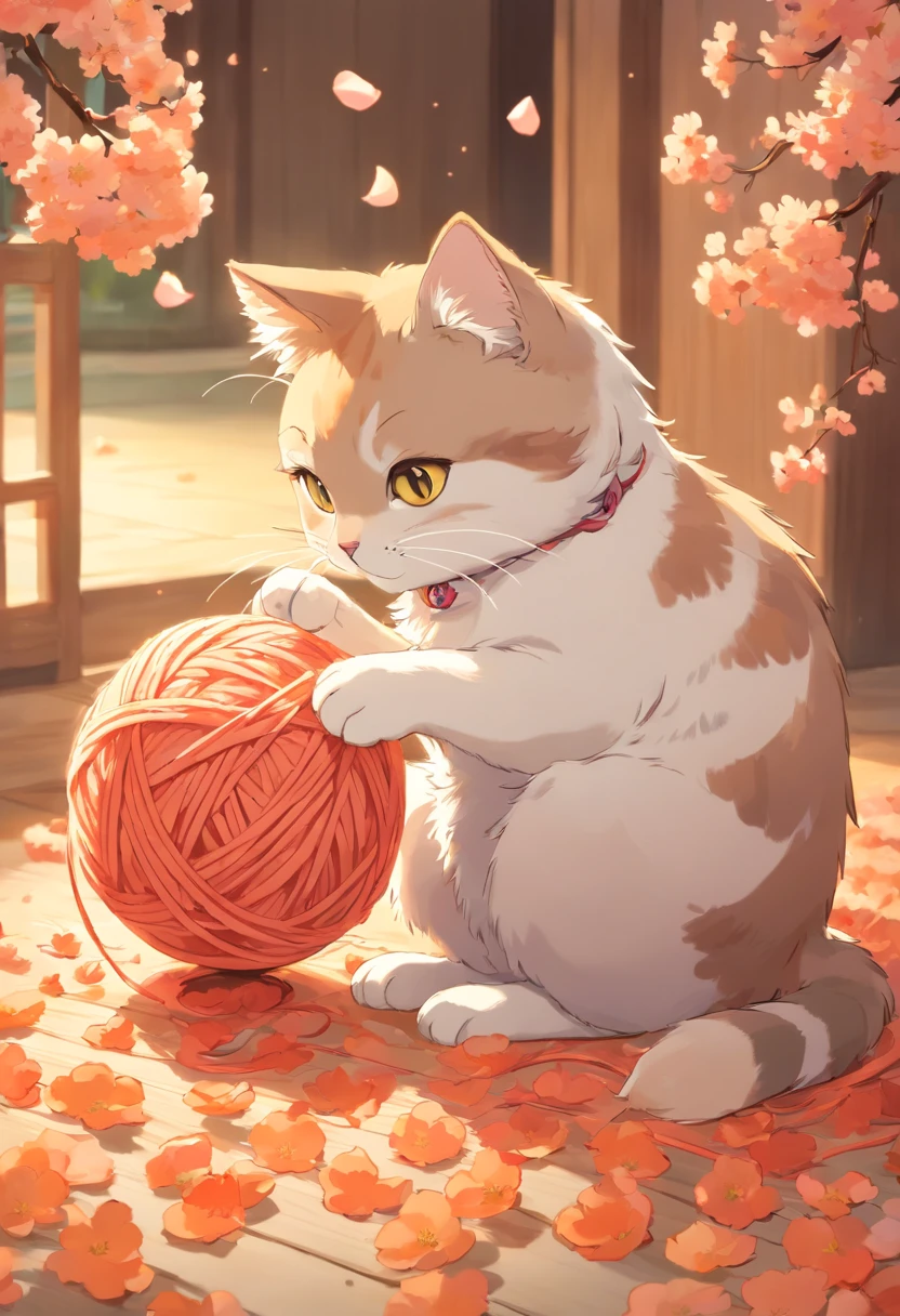 tmasterpiece, Best quality, Cat and yarn ball, Cat playing with ball of yarn, the detail, warm color, Falling peach petals around, Cat anime, the good