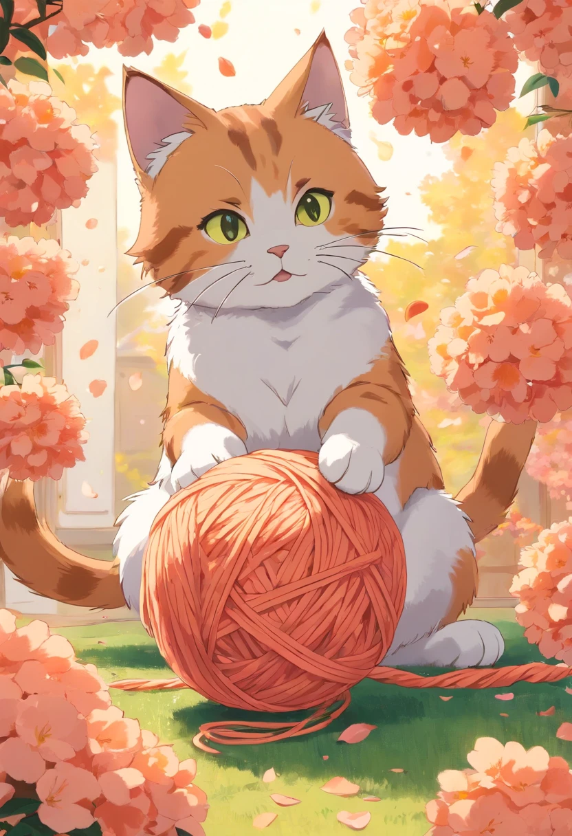 tmasterpiece, Best quality, Cat and yarn ball, Cat playing with ball of yarn, the detail, warm color, Falling peach petals around, Cat anime, the good