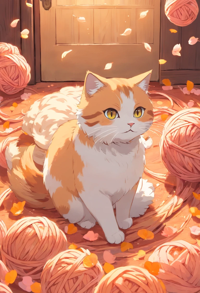 tmasterpiece, Best quality, Cat and yarn ball, Cat playing with ball of yarn, the detail, warm color, Falling peach petals around, Cat anime, the good