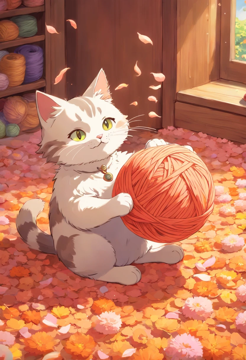tmasterpiece, Best quality, Cat and yarn ball, Cat playing with ball of yarn, the detail, warm color, Falling peach petals around, Cat anime, the good