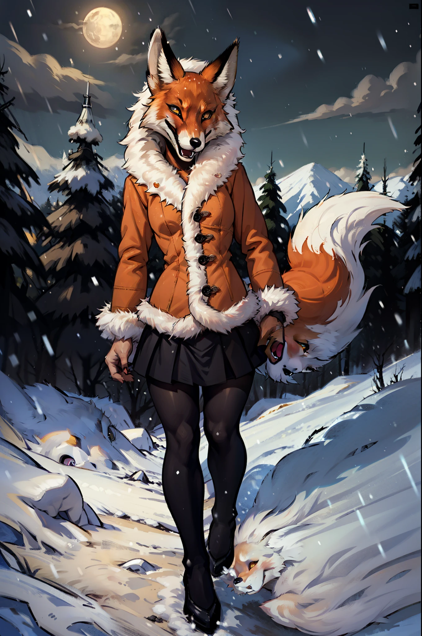 Alice, 独奏, 1girl, animal ears, Color: Red, Orange, female focus, 1 fox tail, Red tail of the best quality, exteriors, hood, a tree, Detailed background, orange jacket, fur-trim, Furry, fur-trimmed sleeves, Orange fur coat with fur trim, Fox ears of the best quality, a 1girl, 独奏, Focus Photo, Smile, blusher, looking a viewer, the night, Deep Night, winter, It's snowing, detailed yellow eyes, Detailed beautiful yellow eyes, detailized face, Heightened sexuality, big breastes, skinny waist, A full body girl, Girl in a skirt, Girl in black stockings, beste-Qualit,in detail,high-resolution illustration, Cute, canny smile, blusher, voluminous breasts, Vulgar girl, Figure 18+, NSFW, fluffy fur, Ultra Detailed, 8K, naked body, naked ass, Female genitals, fur, Very fluffy