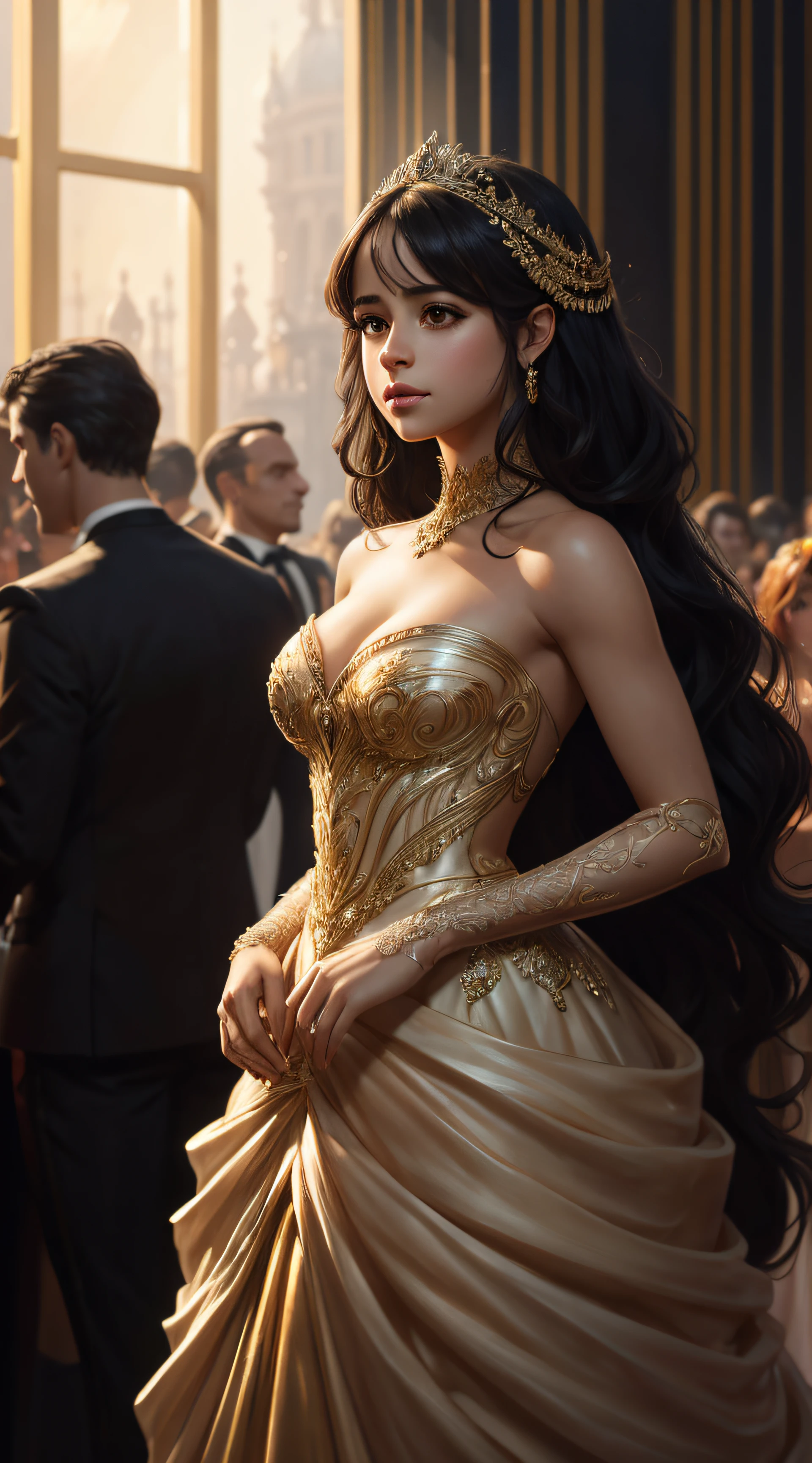 Camila Cabello, wearingelegant ball gown, standing inside a crowded ballroom, character portrait, 3 9 9 0 s, long hair, intricate, elegant, highly detailed, digital painting, artstation, concept art, smooth, sharp focus, illustration, art by wlop, charlie bowater and alexandra fomina