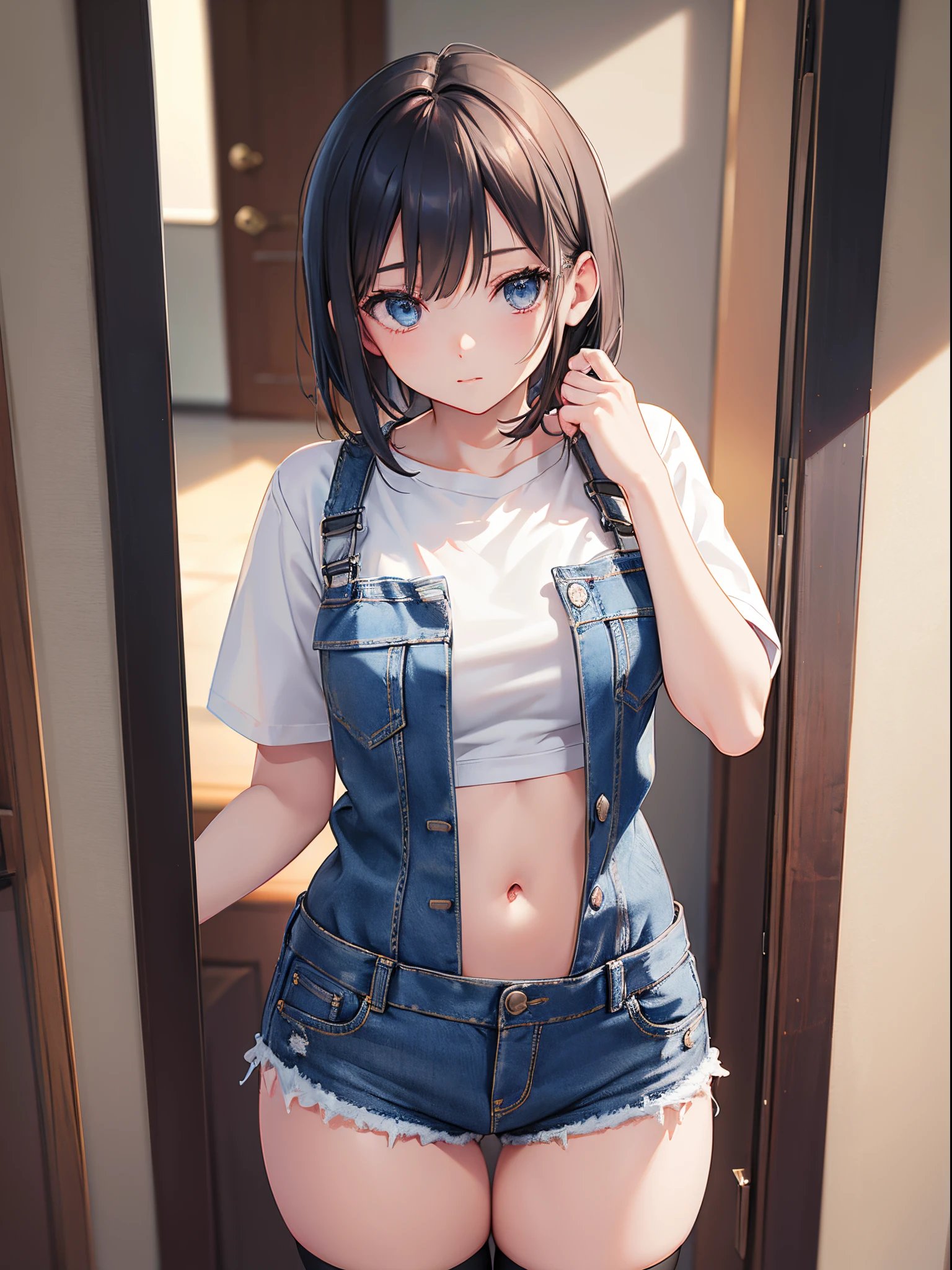 A girl wearing denim shorts and tattered short sleeves，Wearing suspender stockings on the legs，Exposing the abdomen，The figure is good，The head is not exposed，[ 4K realism ]!!, [ 4K realism ]!!!, [ 4K digital art ]!!, Realistic shadow perfect body, realisticlying!!!!!!! art-style, photorealistic anime, by Shitao, Popular topics on cgstation, Casual pose, realistic anime 3D style
