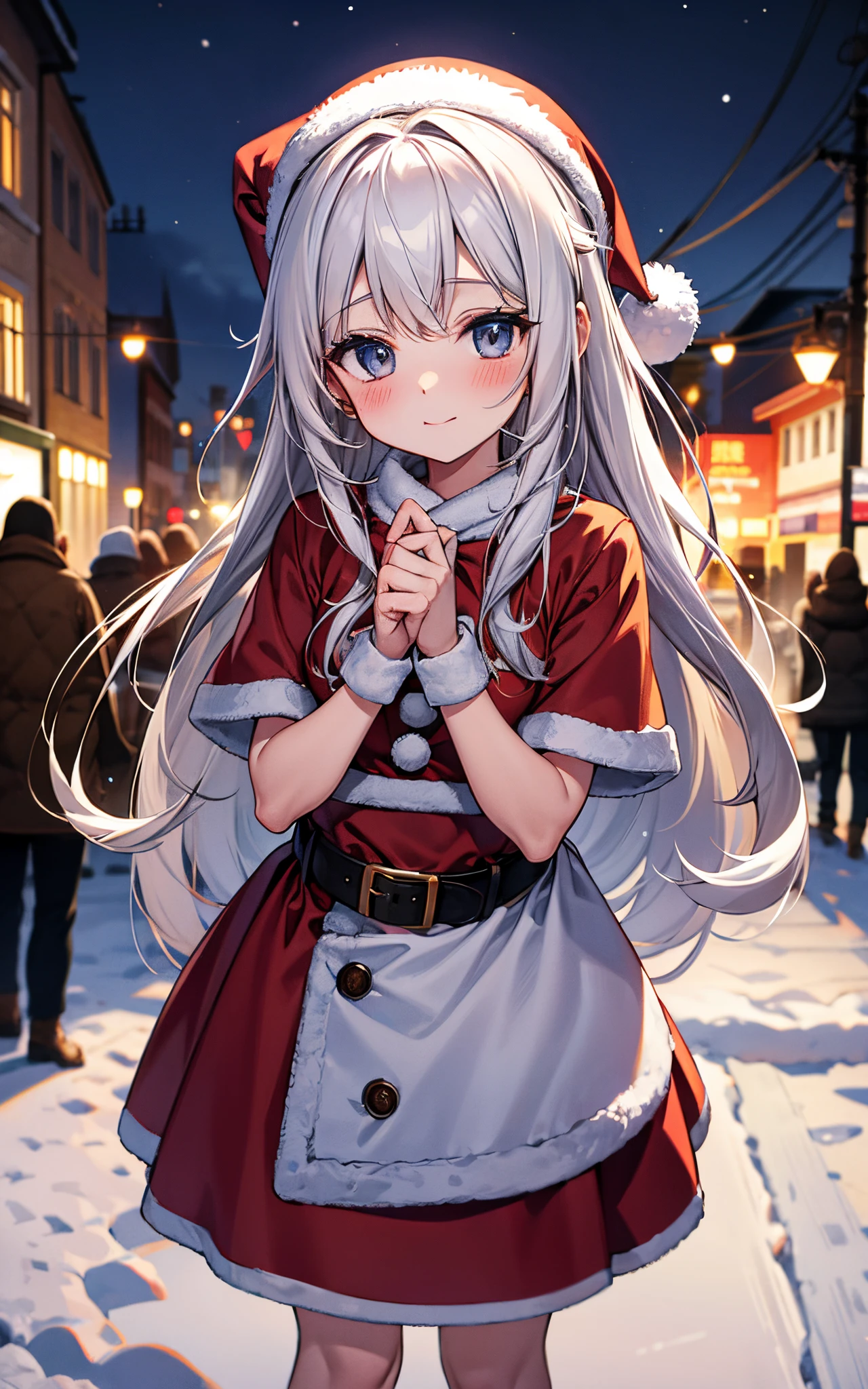 On a snowy night on the street, I met a cute little Santa girl.