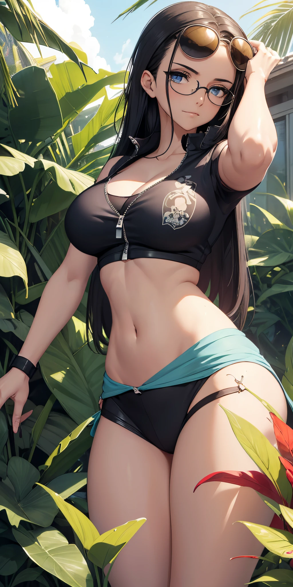 Best quality,tmasterpiece,8k wallpaper,sporty attire，frontal photos，Large breasts，looking at the camera in，Off-the-shoulder attire，Ridiculous resources, A high resolution, ultra - detailed, (1 young beautiful girl, Alone:1.1),Long gray hair, nico robin, black hair color hair, mediuml breasts, (put glasses on head:1.3),septum, navel, sun glasses,sarong, Large breasts, 鎖骨, zippers, Crop top, eBlue eyes, short- sleeved, Hair combed back, Lop, stomach, partial decompression, jaket, Printed sarong,hand on ass,a plant, Eau, Eternal, 废墟,optics_Rays,