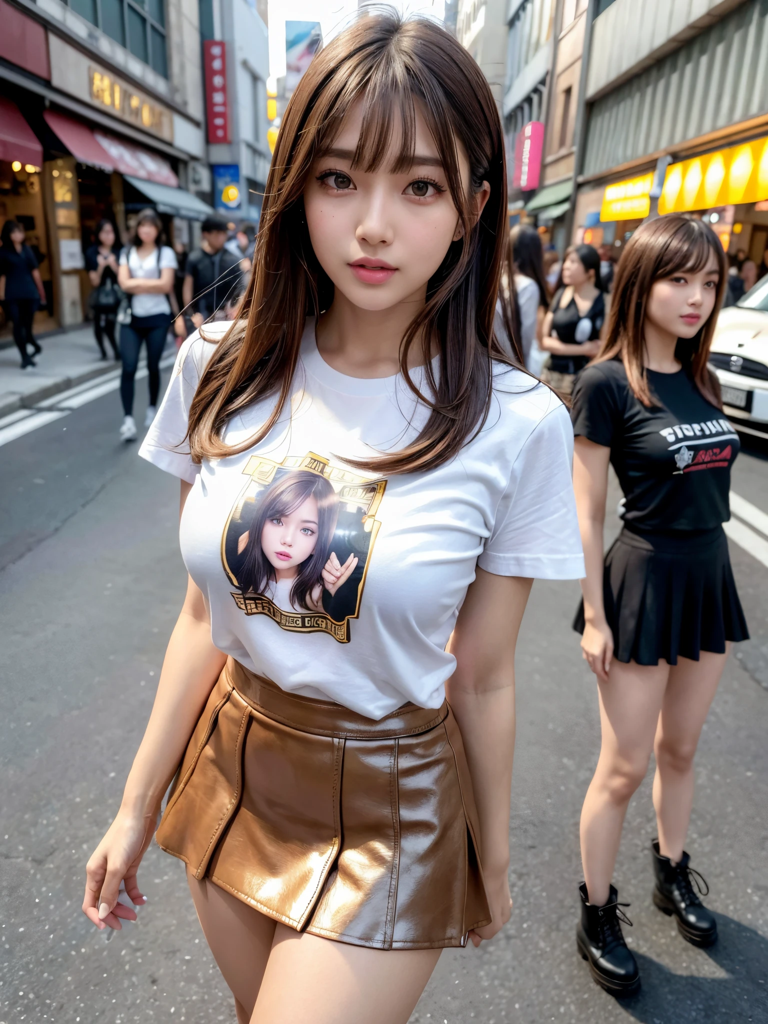 8k,best quality, masterpiece, ultra detailed, ultra high res, photorealistic, raw photo, absurdres, absolutely resolution, 1girl, solo,upperbody shot, looking at viewer,a Japanese young pretty woman, hyper cute face, glamorous figure, large breasts , long bob hair ,smile,(mini skirt, graphic tee, combat boots:1.3),beautiful eyes ,windy, Posing in a crowded city street, glossy lips, double eyelids in both eyes, natural makeup, long eyelashes, shiny smooth light brown long bob hair, asymmetrical bangs, shiny skin, central image, high resolution, high detailing, detailed hairstyle, detailed face, spectacular movie lighting, octane rendering, vibrant, hyper realistic, perfect limbs, perfect anatomy